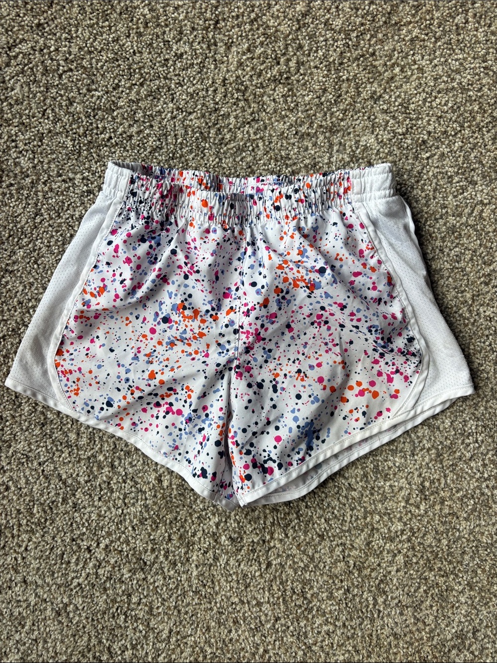 Athletic Works White Shorts with Pink Orange Blue Splatter